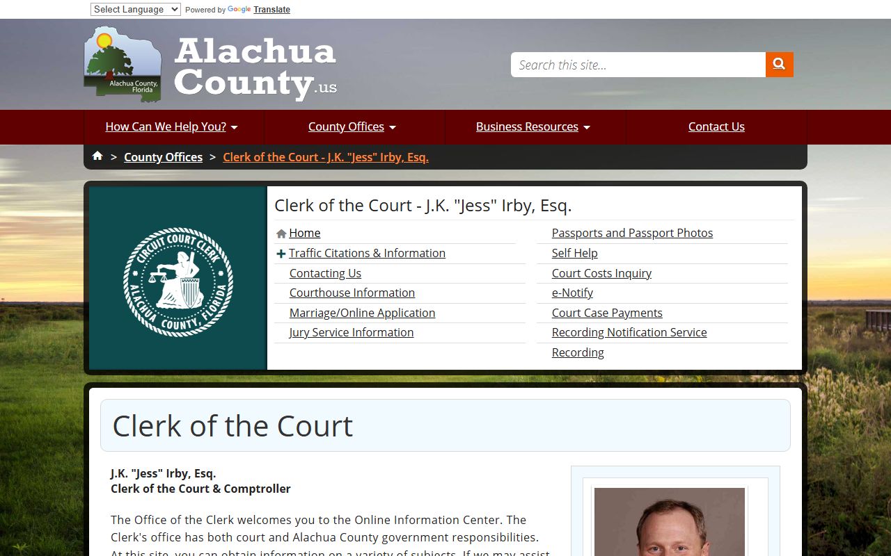 Alachua County Clerk of Courts website for Gainesville probate court records