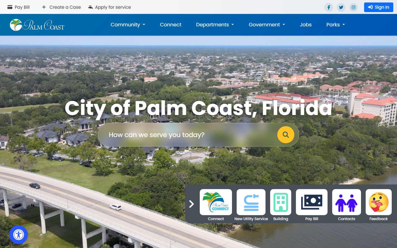 Palm Coast city homepage confirming Flagler County location for probate records