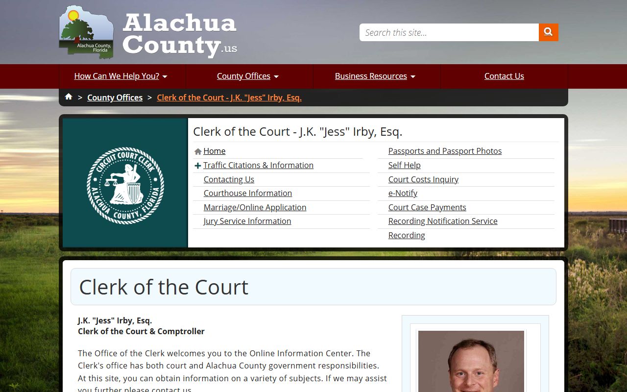 Alachua County Clerk of Courts homepage showing court divisions and search tools