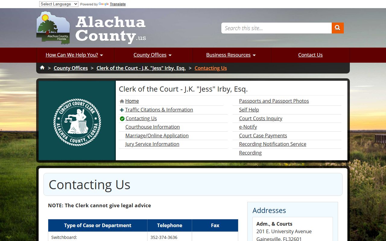 Alachua County Clerk contact information page with phone numbers and office hours