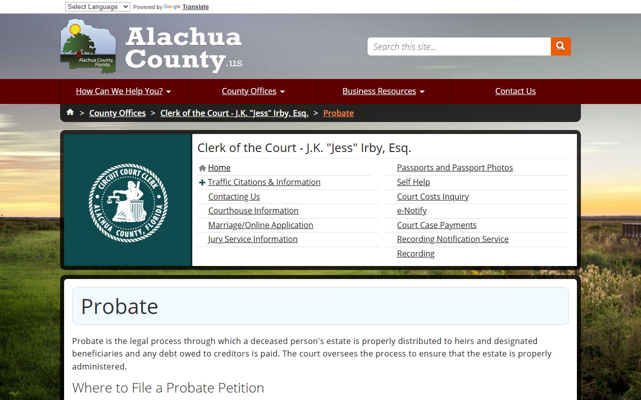 Alachua County Clerk probate page showing forms and procedures