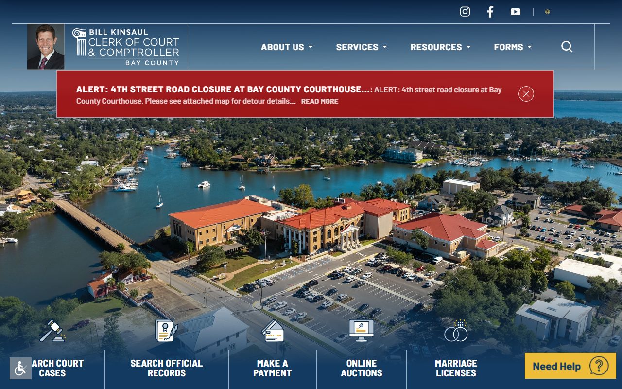 Bay County Clerk of Courts homepage showing navigation to court divisions and records search
