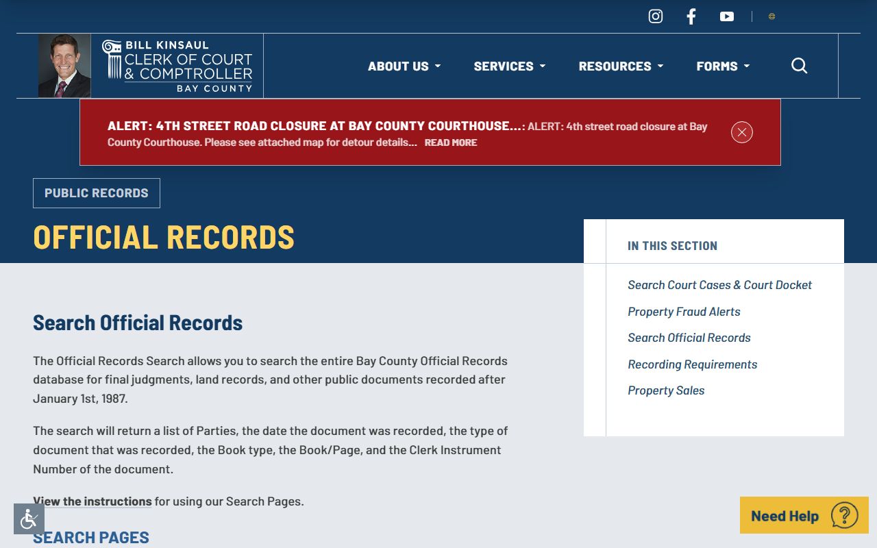 Bay County Clerk official records search portal showing search fields and options