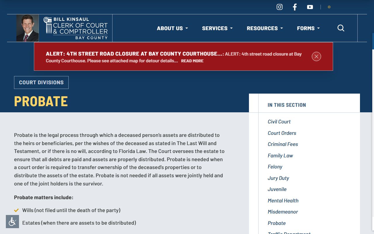 Bay County Clerk of Courts probate division page showing case types and forms