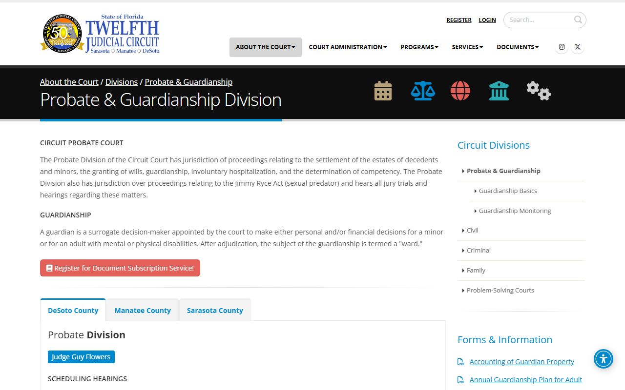 12th Judicial Circuit Probate Division page for DeSoto County procedures