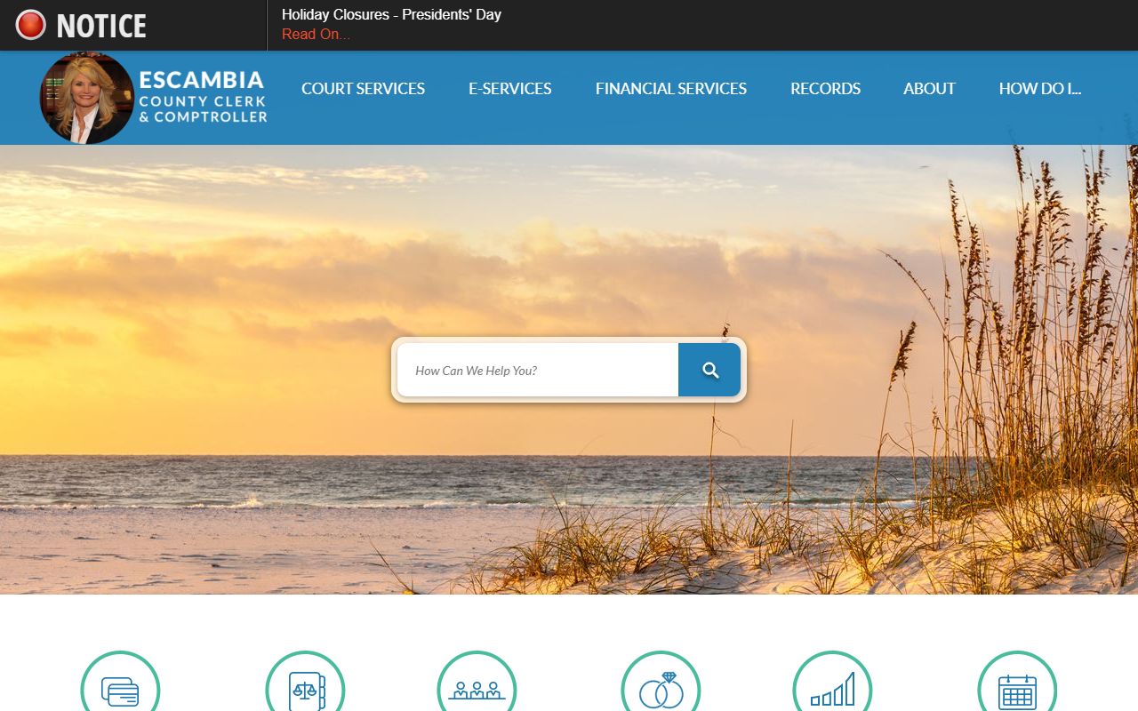 Escambia County Clerk of Courts homepage for probate records search in Pensacola