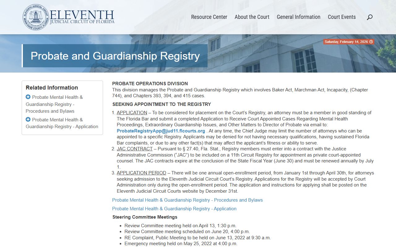 11th Judicial Circuit Probate and Guardianship Registry page for Miami-Dade County