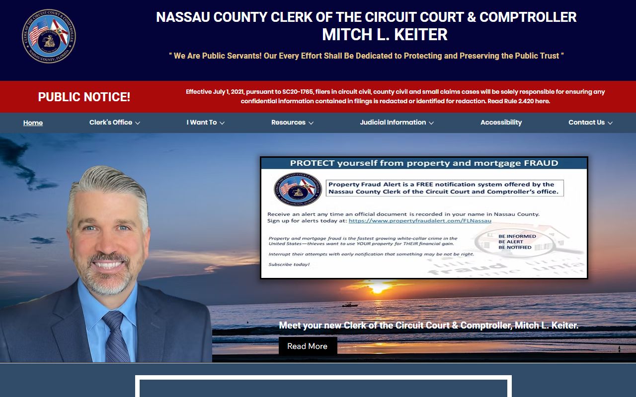 Nassau County Clerk of Courts homepage showing court services and case search options