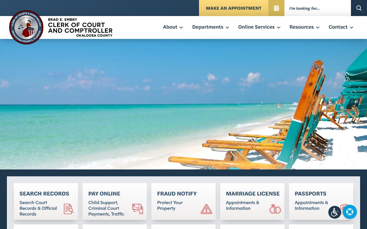 Okaloosa County Clerk of Courts homepage showing court divisions and online search tools