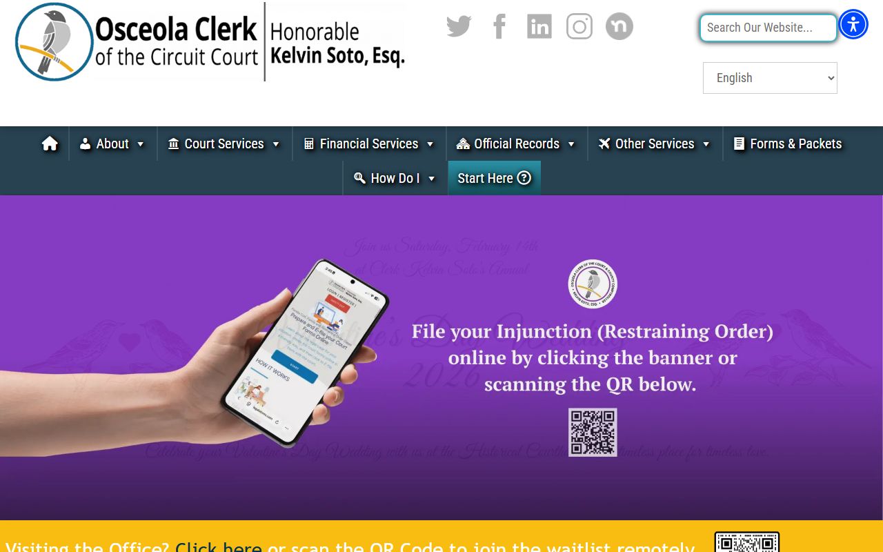 Osceola County Clerk of Courts homepage showing court services and online search tools