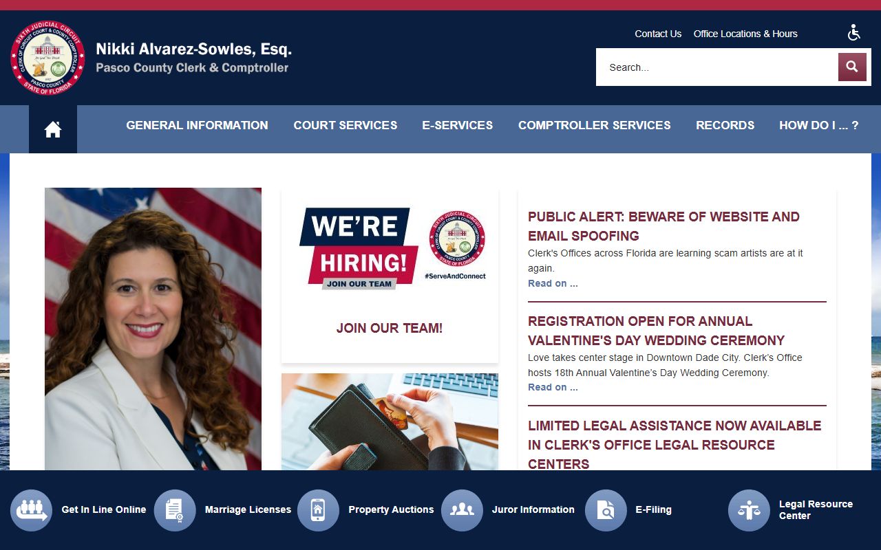 Pasco County Clerk of the Circuit Court homepage showing probate and court services