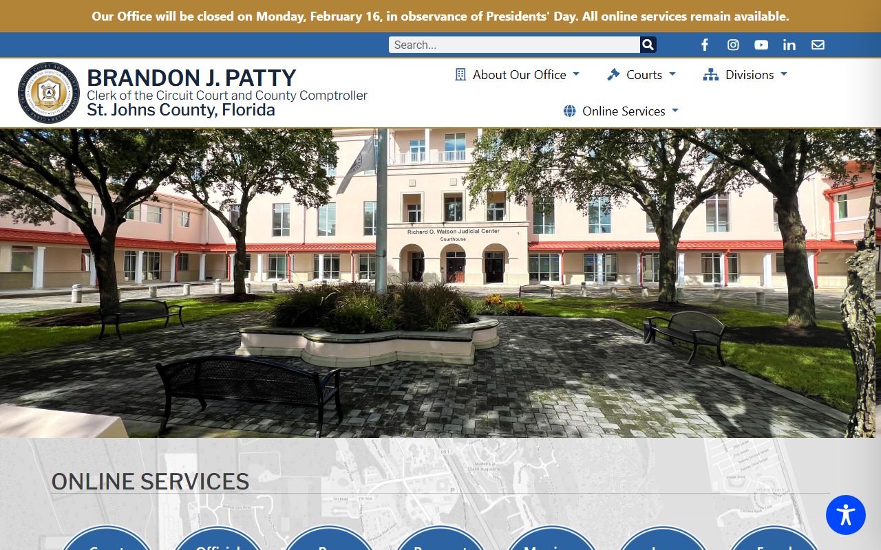 St. Johns County Clerk of Court official website homepage showing court records and probate services