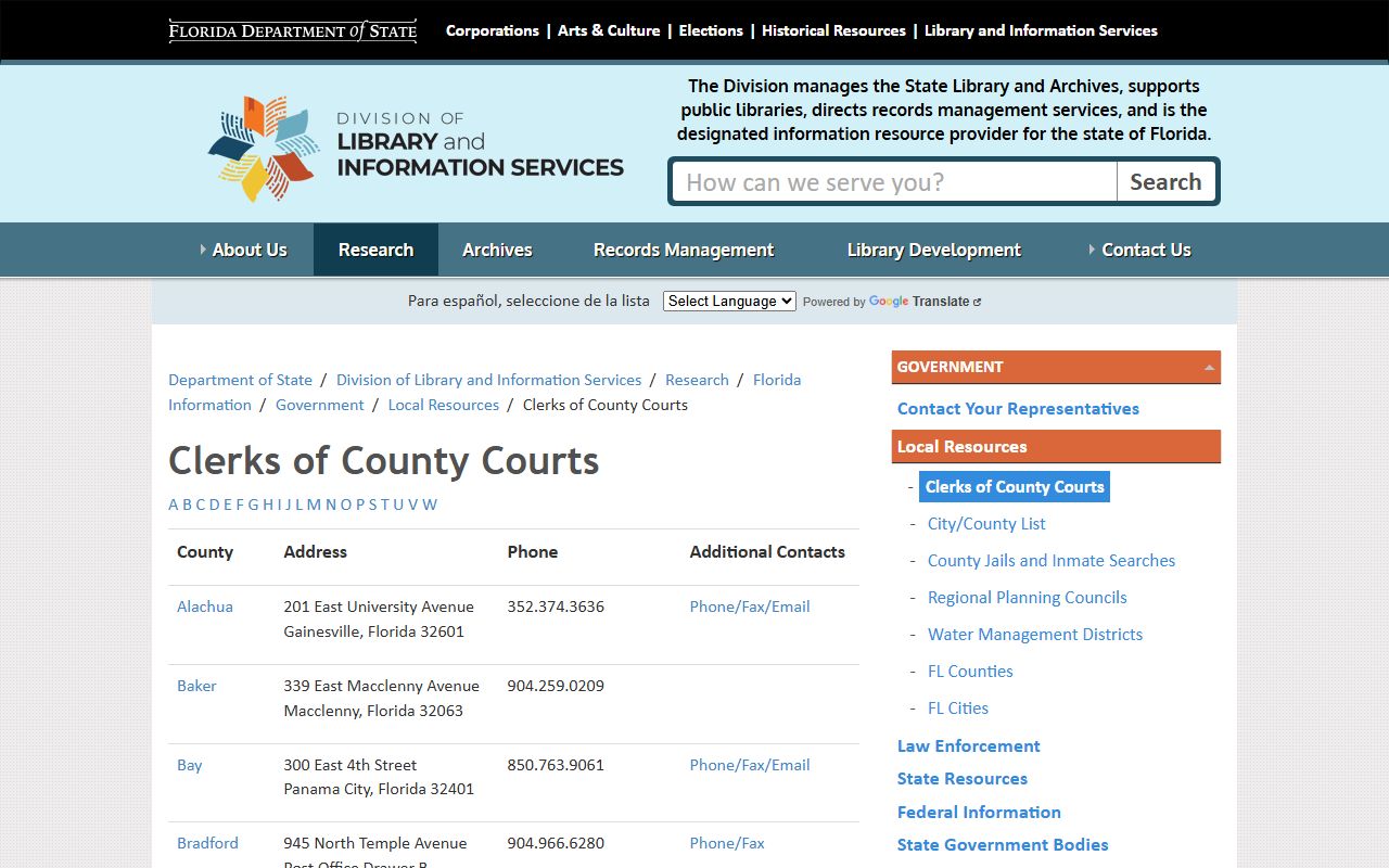 Florida clerks of county courts directory for probate records