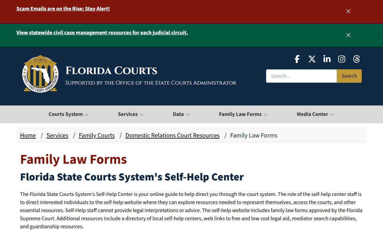 Florida Courts family law forms page including probate forms