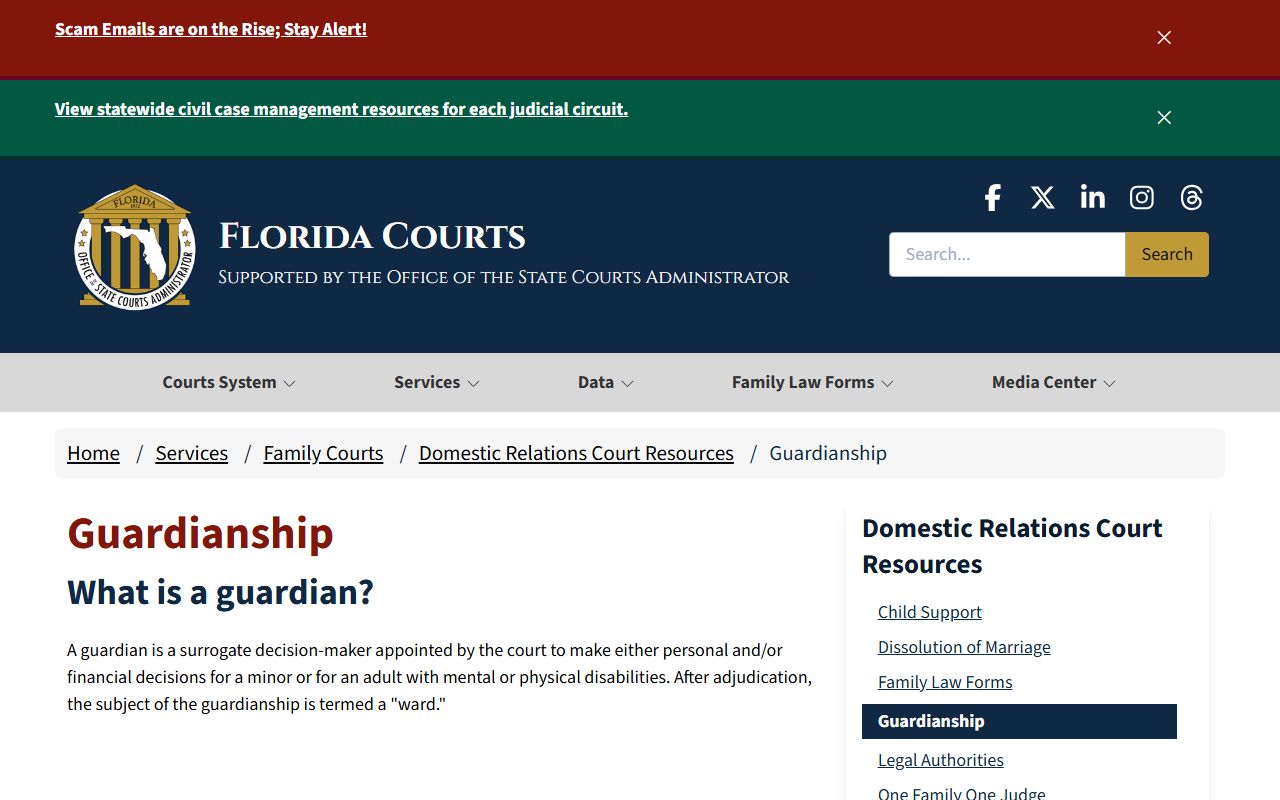 Florida Courts guardianship information page related to probate records
