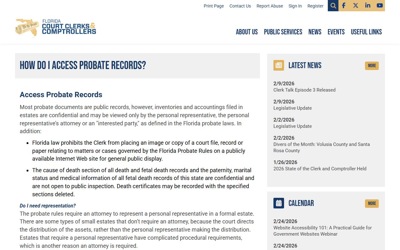 FCCC probate records access information for Florida